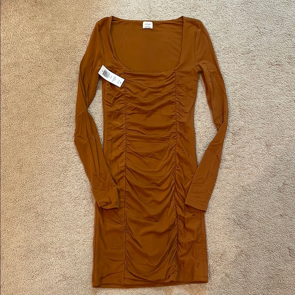 Brown Ruched Long Sleeve Bodycon Dress